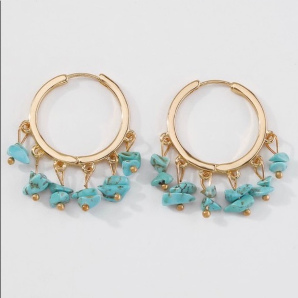 Gold turquoise stone hoop earrings